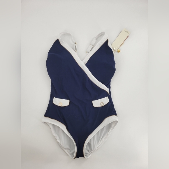 GOTTEX HIGH CLASS V-NECK SURPLICE ONE PIECE SWIMSUIT Sz 16 New - Picture 5 of 8